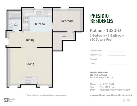 A floor plan for a Presidio Residences apartment, number 1330-D, with one bedroom and one bathroom, totaling 630 square feet.